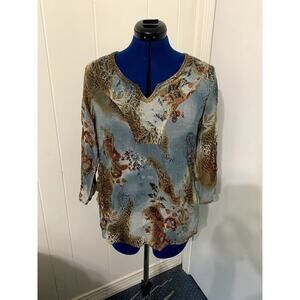Chico's Silk Sheer Embroidered Animal Print Women's Size 1/M 3/4 Sleeve Shirt